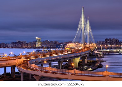 Saint-Petersburg, Russia - December 28, 2016: Night View Cable-stayed bridge over Petrovsky Fairway as part of Western High Speed Diameter.