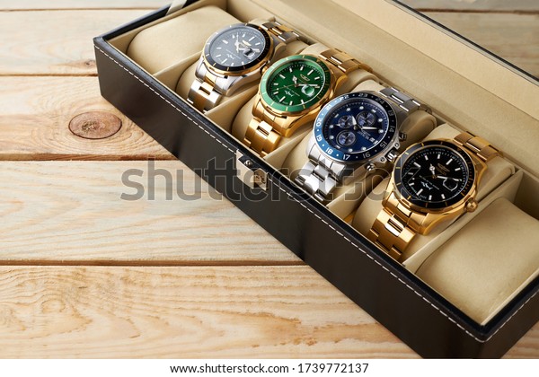 Saint-Petersburg / Russia - February, 2020:\
Collection of Invicta men quartz watches. Storage box with\
collection of men wrist\
watches.