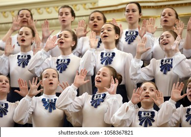 SAINT-PETERSBURG, RUSSIA - FEBRUARY 25, 2018: Choir Kapel, Russia performs during V Children and Youth World Choral Championship. First championship was held in Hong Kong in 2011