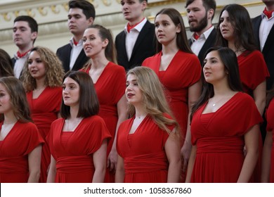 SAINT-PETERSBURG, RUSSIA - FEBRUARY 25, 2018: Academic Choir of the Gnessins Musical College, Moscow, Russia, performs during V Children and Youth World Choral Championship