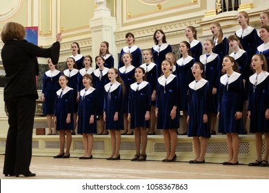 SAINT-PETERSBURG, RUSSIA - FEBRUARY 25, 2018: Concert Choir of Art Liceum Saint-Petersburg performs during V Children and Youth World Choral Championship. First championship was held in 2011