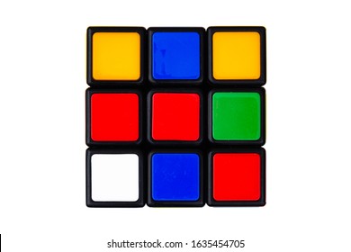 Saint-Petersburg, Russia - January  28, 2020 : Rubik's cube, rubik's cube top view isolated, rubik's cube on white background, colorful puzzle, math problem, charging for your brain, rainbow cube, art