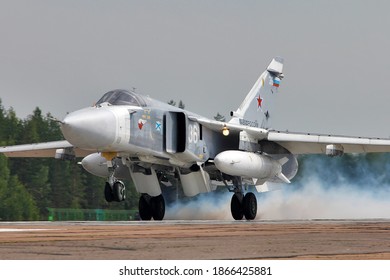 SAINT-PETERSBURG, RUSSIA, JULY 21, 2020: Russia Air Force Attack Bomber Sukhoi Su 24 Landing.