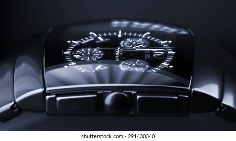 Saint-Petersburg, Russia - June 18, 2015: Rado Sintra Chrono Lays On Dark Backdrop, Mens Chronograph Watch Made Of Black High-tech Ceramics. Close-up Studio Photo With Selective Focus. Blue Toned