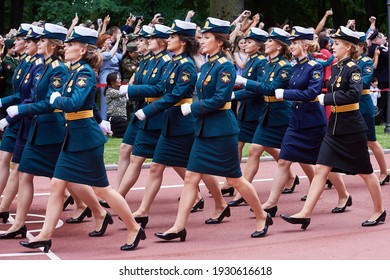 SAINT-PETERSBURG, RUSSIA - JUNE 21 2019: Female Students Of A Military Academy Graduation Ceremony