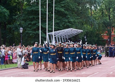 SAINT-PETERSBURG, RUSSIA - JUNE 21 2019: Female Students Of A Military Academy Graduation Ceremony