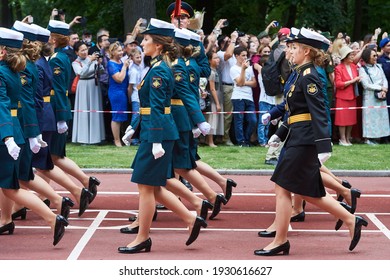 SAINT-PETERSBURG, RUSSIA - JUNE 21 2019: Female Students Of A Military Academy Graduation Ceremony