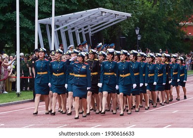 SAINT-PETERSBURG, RUSSIA - JUNE 21 2019: Female Students Of A Military Academy Graduation Ceremony