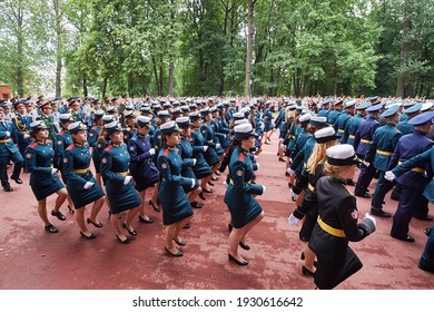 SAINT-PETERSBURG, RUSSIA - JUNE 21 2019: Female Students Of A Military Academy Graduation Ceremony