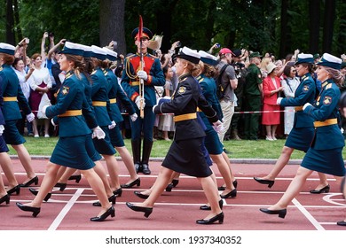 SAINT-PETERSBURG, RUSSIA - JUNE 21 2019: Female Students Of A Military Academy Graduation Ceremony Marching On The Parade Ground