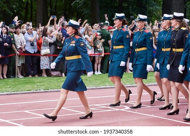 SAINT-PETERSBURG, RUSSIA - JUNE 21 2019: Female Students Of A Military Academy Graduation Ceremony Marching On The Parade Ground