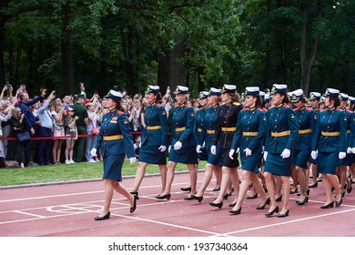 SAINT-PETERSBURG, RUSSIA - JUNE 21 2019: Female Students Of A Military Academy Graduation Ceremony Marching On The Parade Ground