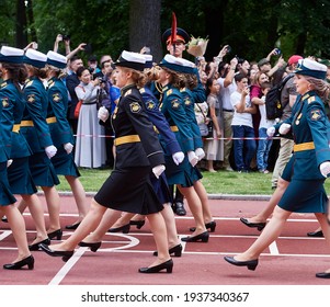 SAINT-PETERSBURG, RUSSIA - JUNE 21 2019: Female Students Of A Military Academy Graduation Ceremony Marching On The Parade Ground