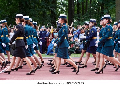 SAINT-PETERSBURG, RUSSIA - JUNE 21 2019: Female Students Of A Military Academy Graduation Ceremony Marching On The Parade Ground