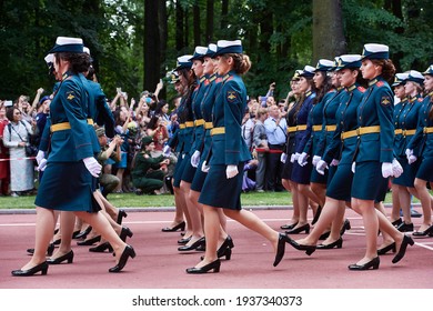 SAINT-PETERSBURG, RUSSIA - JUNE 21 2019: Female Students Of A Military Academy Graduation Ceremony Marching On The Parade Ground