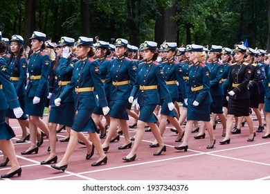 SAINT-PETERSBURG, RUSSIA - JUNE 21 2019: Female Students Of A Military Academy Graduation Ceremony Marching On The Parade Ground