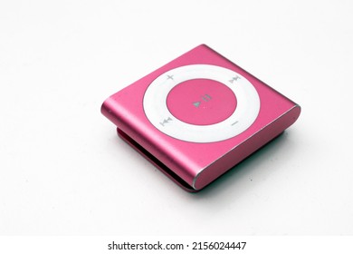 Saint-Petersburg, Russia - May 10, 2022: Pink Music Player With Big Round Button. IPod Shuffle For Girls