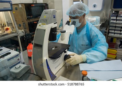 Saint-Petersburg, Russia - November 16, 2016: A Member Of The Laboratory Of Department Of Advanced Studies Biotech Companies Biocad At Work At The Microscope Behind Glass In A Sterile Clean Room