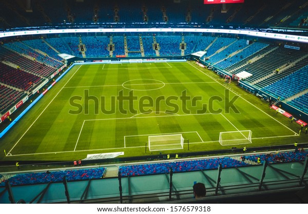 SAINT-PETERSBURG, RUSSIA - November 16, 2019:\
General view of the Gazprom Arena stadium with inside view during\
UEFA EURO 2020 qualifying match between national team Russia\
against Belgium,\
Russia