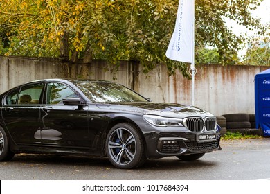Saint-Petersburg, Russia - September 16, 2017: Cars BMW 7-series for rally car lovers German Bavarian manufacturer BMW. Event BMW Meetup. Autumn meeting car lovers of speed and drive