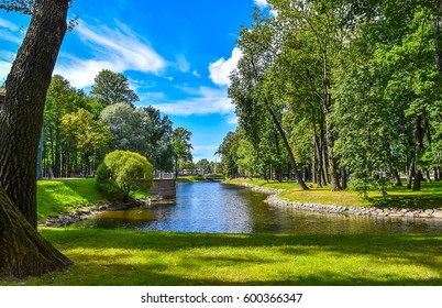 SAINT-PETERSBURG, RUSSIA - Summer park garden pond landscape in St Petersburg, Russia