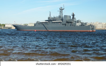 Saint-Petersburg.Landscape with river Neva and the ship on the horizon.