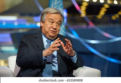 SAINT-PETERSBURG,RUSSIA/JUNE 01,2017: UN Secretary-General Antonio Guterres At The Interview For Russian TV.