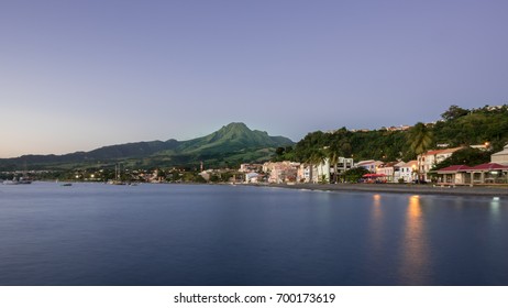 SAINT-PIERRE, FRANCE - JANUARY 26, 2017: End Of Day In Saint-Pierre (Martinique, French Caribbean) With A View On The Mount Pelée Volcano.