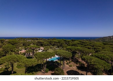 Saint-Tropez, France - June 30th 2022 : Large Property In The South Of France With Villa, Pines, Palm Trees, Pool And Sea View Behind