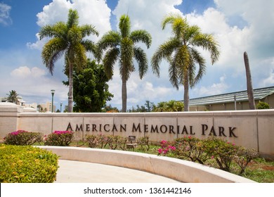 Saipan, USA - June 15 2017: Entrance Sign Of American Memorial Park 