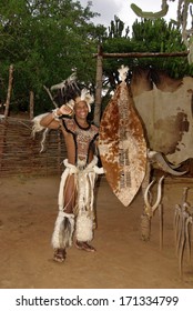 SAKALAND - NOVEMBER 27 : Young man wears traditional Zulu warrior, during presentation of a Zulu show on November 27, 2010 Shakaland Zulu Cultural Village, KwaZulu-Natal, South Africa