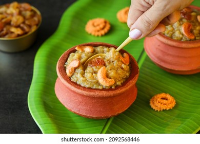 Sakkarai Pongal Indian Festival Food Traditional Popular Mithai Sweet Dessert Made On The Festival Day Of Pongal Makar Sankranti Vishu Diwali India. Payasam In Chennai Tamil Nadu