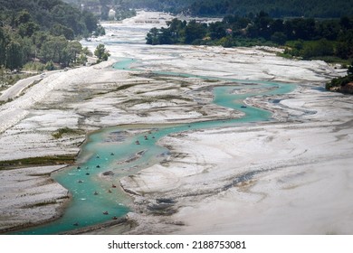 Saklikent Gorge River Valley With People Floating Down The River On Rubber Rings. View From Above.