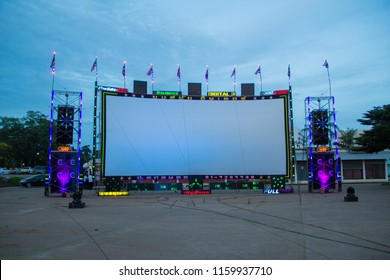 SAKON NAKHON,THAILAND, AUGUST,18-2018: Outdoor Cinema Movies Theater For Show People In The Temple And The Worship Of The Relics,Wat Phra That Choeng Chum,Sakon Nakhon,Thailand.