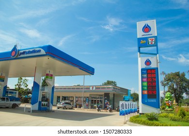 Sakon Nakhon,Thailand, May 01,2019, PTT Station,Gas Station PTT is the most popular in Thailand. Because in addition to providing oil There are also 7-11 convenience stores and coffee shops like Café.