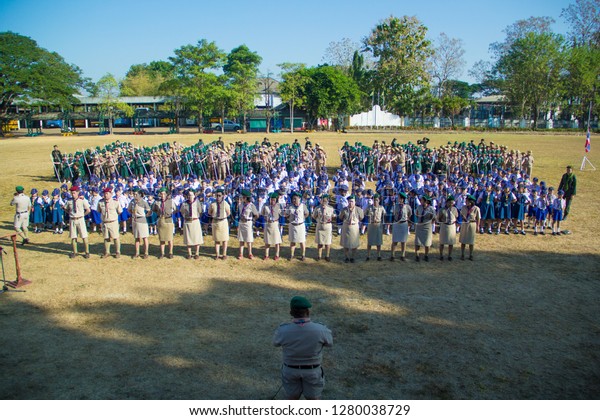 Sakon Nakhon,Thailand,December 26,2018:Scout
Camp,Scout Opening Ceremony,Boy Scouts and Girl Scount in Scout
Camp Activities, such as the Scout Opening Ceremony To travel far
to camp,Sakon Nakhon,Thai