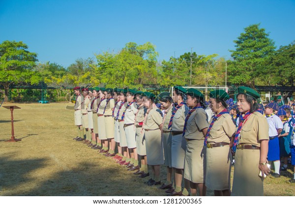 Sakon Nakhon,Thailand,December 26,2018:Scout\
Camp,Scout Opening Ceremony,Boy Scouts and Girl Scount in Scout\
Camp Activities, such as the Scout Opening Ceremony To travel far\
to camp,Sakon Nakhon,Thai