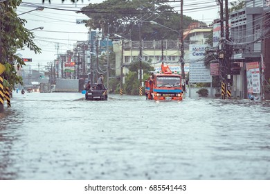 Sakonnakhon, Thailand - July 28, 2017:Heavy flooding in the city. Due to the storm heavy rain lasts up to 12 hours. Water from the dam flooded the city.