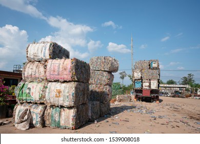 Sakonnakhon,Thailand, october 18,2019: Waste plastic bottle compactor for recycling.Compressed garbage packed for recycling