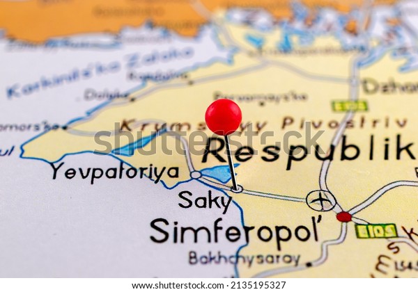 Saky pinned on a map of Ukraine. Map with red\
pin point of Saky in\
Ukraine.