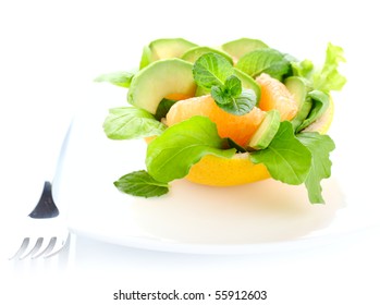 Salad With Avocado, Grapefruit And Mint On Isolated Background