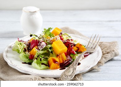 Salad With Baked Pumpkin On A Plate, Food