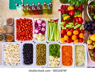 Salad Bar Fresh Vegetables Sliced Top View Tomato Carrot Celery Cucumber Cherry Tomato Sweet Pepper.