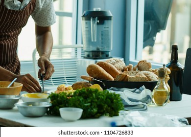 Salad Bar, Salad Making,Young Man Working At A Restaurant And Making A Salad.