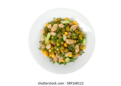 Salad From Beans In White Plate On Isolated  Background.