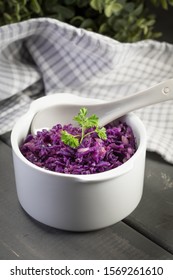 Salad Of Boiled Red Cabbage In A White Bowl.