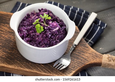 Salad Of Boiled Red Cabbage In A White Bowl.