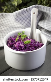 Salad Of Boiled Red Cabbage In A White Bowl.