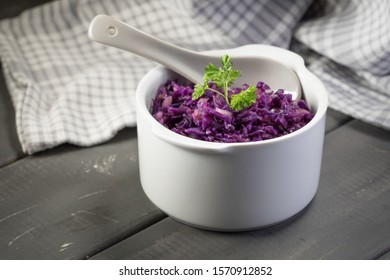 Salad Of Boiled Red Cabbage In A White Bowl.