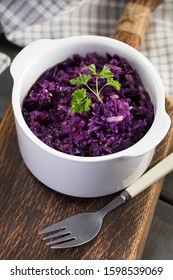 Salad Of Boiled Red Cabbage In A White Bowl.